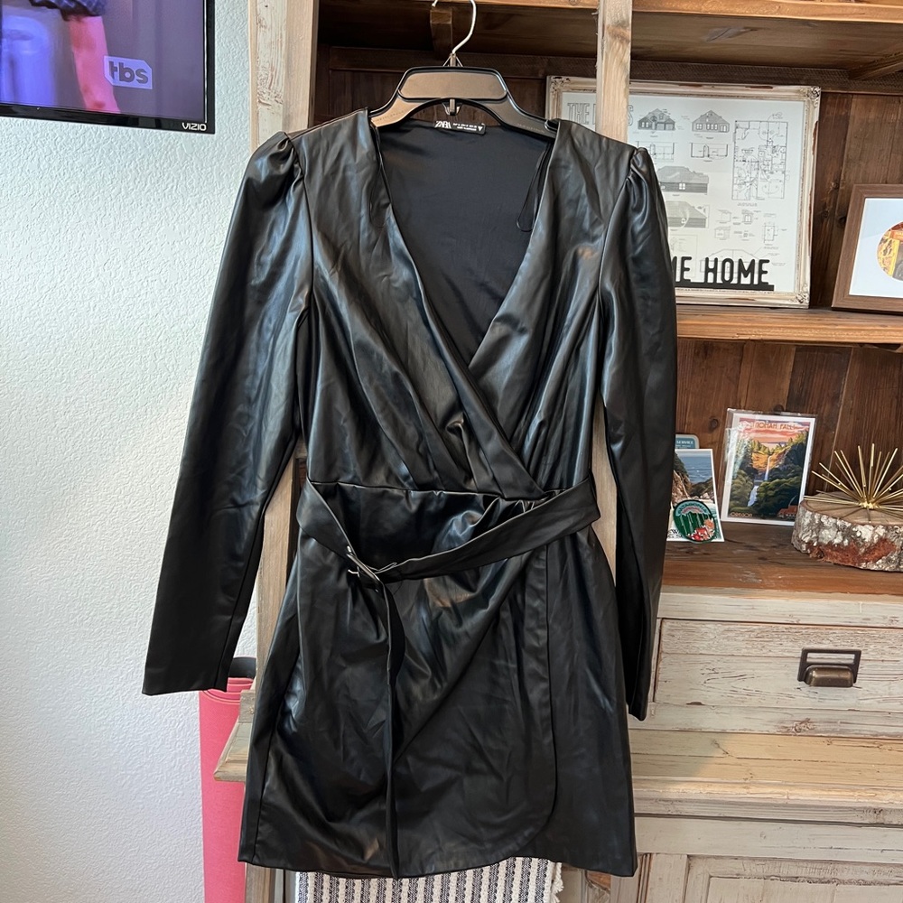 NWOT Zara women’s faux leather belted mini dress size medium.